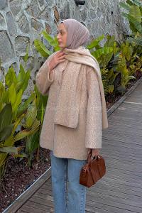 Beige Crew Neck Long Arm Coat