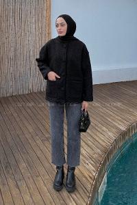 Black Crew Neck Long Arm Polyester Jacket