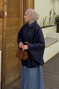 Lamelif Tek Düğmeli Beli Kemerli Sakallı Panço Lacivert