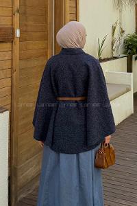 Lamelif Tek Düğmeli Beli Kemerli Sakallı Panço Lacivert