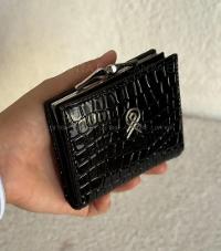 Lamelif Burslu Küçük Boy Bayan Cüzdan - Kroko Siyah