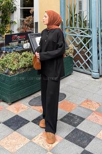 Black Shirt Collar Long Arm Acrylic Cotton Fabric Regular Trousers Comfortable Suit