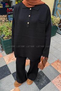 Black Shirt Collar Long Arm Acrylic Cotton Fabric Regular Trousers Comfortable Suit