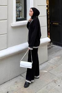 Lamelif Çizgili Triko Takım Siyah