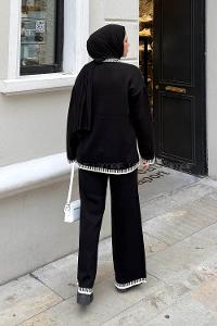 Lamelif Çizgili Triko Takım Siyah