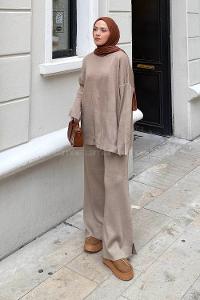 Lamelif Düz Bisiklet Yaka Takım Koyu Vizonrengi