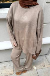 Lamelif Düz Bisiklet Yaka Takım Koyu Vizonrengi