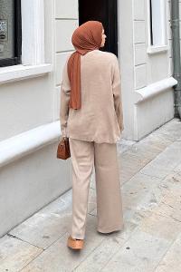 Lamelif Düz Bisiklet Yaka Takım Koyu Vizonrengi