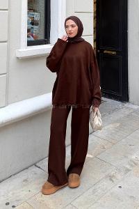 Bitter Brown Crew Neck Long Arm Without Accessories Knitwear Regular Trousers Comfortable Suit
