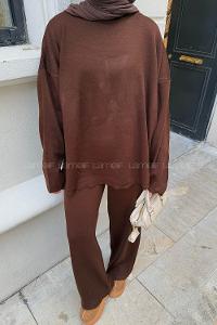Bitter Brown Crew Neck Long Arm Without Accessories Knitwear Regular Trousers Comfortable Suit
