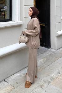 Lamelif Düz İkili Triko Tesettür Takım Koyu Vizonrengi