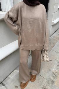 Lamelif Düz İkili Triko Tesettür Takım Koyu Vizonrengi