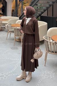 Bitter Brown Shirt Collar Long Arm Cotton Lycra Flared Skirt Suit
