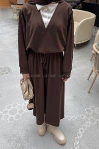 Bitter Brown Shirt Collar Long Arm Cotton Lycra Flared Skirt Suit