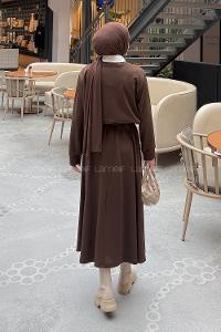 Bitter Brown Shirt Collar Long Arm Cotton Lycra Flared Skirt Suit