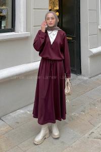 Claret Red Shirt Collar Long Arm Cotton Lycra Flared Skirt Suit