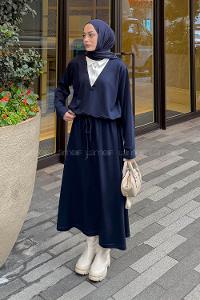 Navy Blue Shirt Collar Long Arm Cotton Lycra Flared Skirt Suit