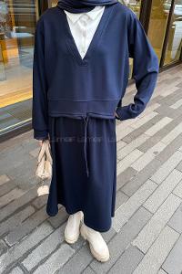 Navy Blue Shirt Collar Long Arm Cotton Lycra Flared Skirt Suit