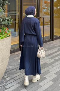 Navy Blue Shirt Collar Long Arm Cotton Lycra Flared Skirt Suit