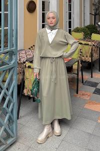 Mint Green Shirt Collar Long Arm Cotton Lycra Flared Skirt Suit