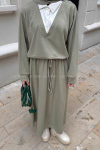 Mint Green Shirt Collar Long Arm Cotton Lycra Flared Skirt Suit