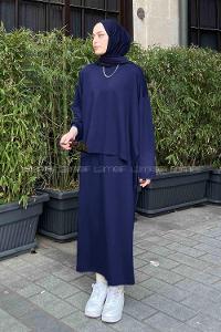 Lamelif Kristal Etekli Tesettür Takım Lacivert