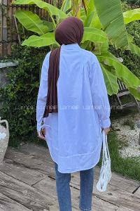 Baby Blue Mandarin Collar Cotton Unprinted Tunic