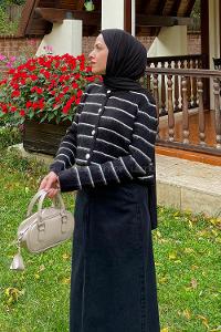 Lamelif Çizgi Detaylı Hırka Siyah