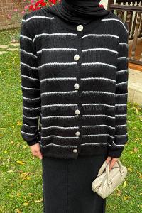 Lamelif Çizgi Detaylı Hırka Siyah