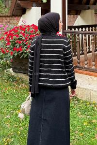 Lamelif Çizgi Detaylı Hırka Siyah