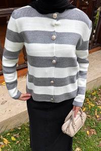 Lamelif Düğme Detaylı Çizgili Hırka Gri