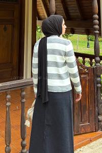 Lamelif Düğme Detaylı Çizgili Hırka Gri