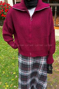 Lamelif Fermuarlı Triko Hırka Bordo