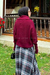 Lamelif Fermuarlı Triko Hırka Bordo