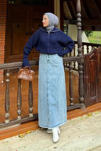 Lamelif Fermuarlı Triko Hırka Lacivert