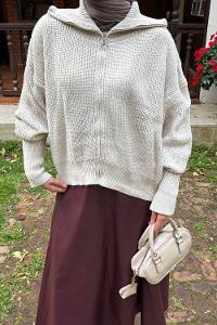 Lamelif Fermuarlı Triko Hırka Taş Rengi