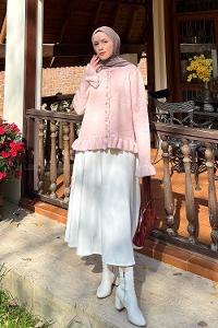 Lamelif Fırfır Detaylı Hırka Pudra