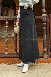 Lamelif Püskül Detaylı Kot Etek Füme