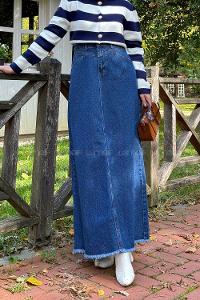 Lamelif Püskül Detaylı Kot Etek Koyu Mavi