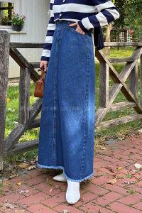 Lamelif Püskül Detaylı Kot Etek Koyu Mavi