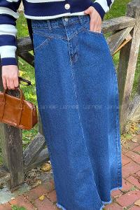 Lamelif Püskül Detaylı Kot Etek Koyu Mavi