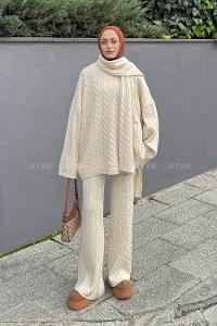 Lamelif Atkılı Örgü Desen İkili Takım Taş Rengi