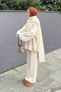 Lamelif Atkılı Örgü Desen İkili Takım Taş Rengi