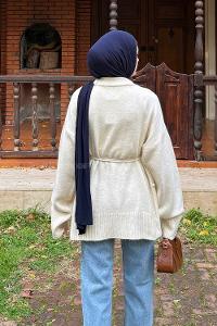 Lamelif Bağlama Detaylı Triko Hırka Krem