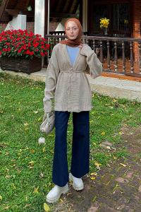 Lamelif Bağlama Detaylı Triko Hırka Taş Rengi