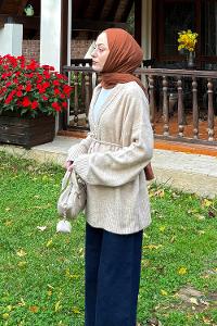 Lamelif Bağlama Detaylı Triko Hırka Taş Rengi