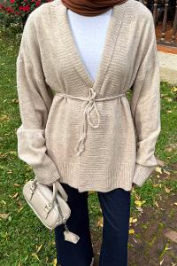 Lamelif Bağlama Detaylı Triko Hırka Taş Rengi