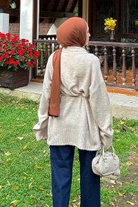 Lamelif Bağlama Detaylı Triko Hırka Taş Rengi