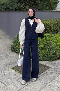 Lamelif Biyeli Yelekli Takım Lacivert