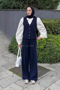 Lamelif Biyeli Yelekli Takım Lacivert